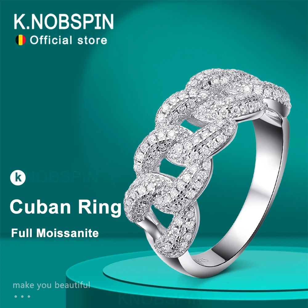 KNOBSPIN 8mm Full Cuban Ring 925 Sterling Sliver Plated 18k Band Hip Hop Ring for Woman Man Sparkling Jewely 250227