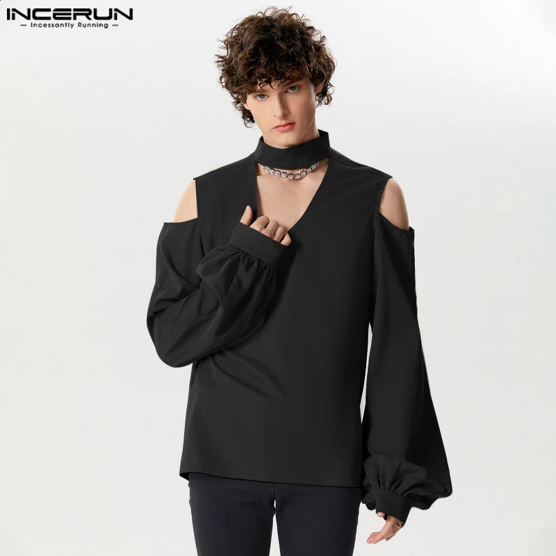 INCERUN Mens Shirt Solid V Neck Long Sleeve Hollow Out Casual Men Clothing Streetwear Loose Fashion Unisex Shirts S-5XL 250224