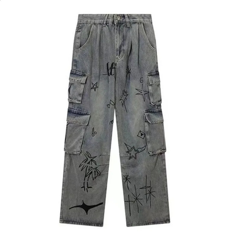 European and American Street Fun Graffiti Multi Pocket Work Jeans Women Spring High Waist Loose Wide Leg Floor Dragging Pants 250224