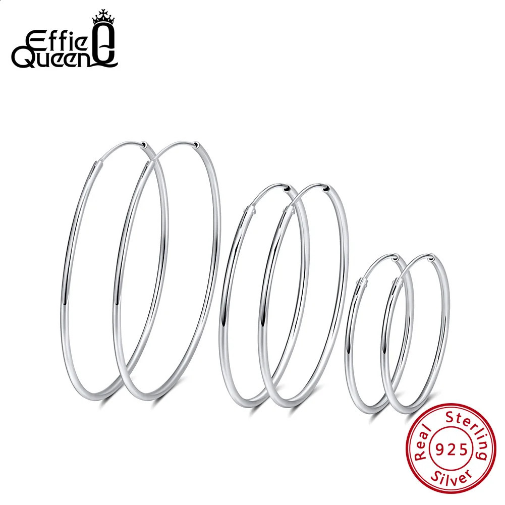 Effie Queens simple pure silver large hoop earrings with different sizes of 30mm 40mm 50mm. Minimum style earring accessories 250228