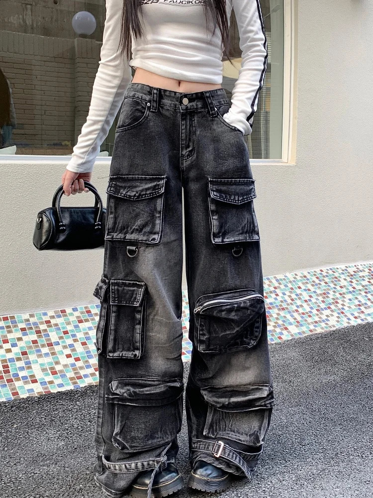 Garbage Y2K Street Laundry Black Luggage Cargo Jeans Womens Clothing Wide Leg Multi Pocket Gothic Womens Handcart 250225