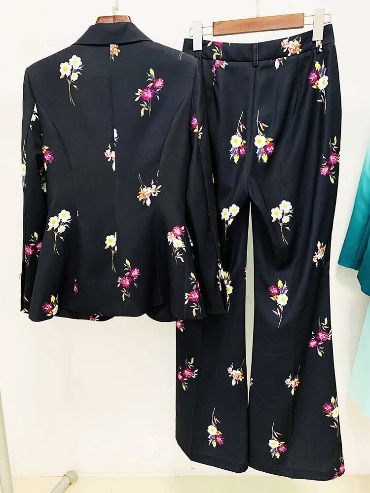 HIGH STREET Newest 2024 Designer Set Women's Elegant Ral Printed Single Button Blazer Flare Pants Suit 2Pcs