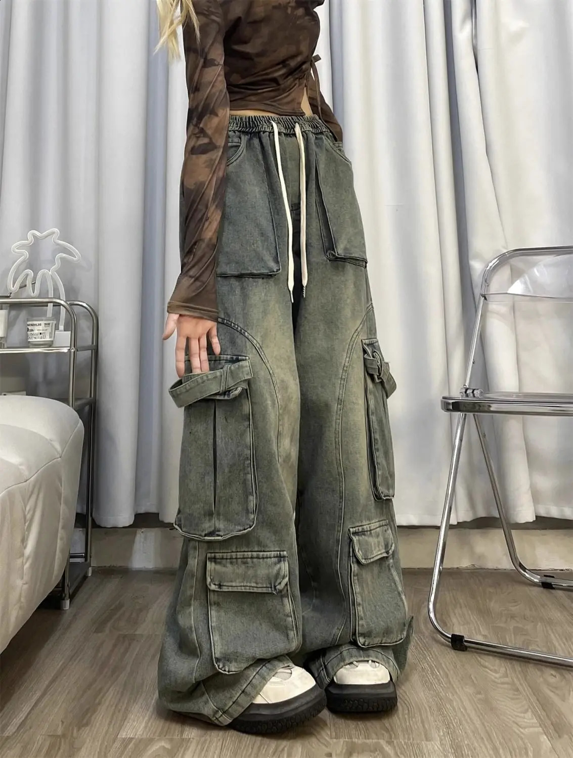 American hip-hop street men and women trendy personality straight leg multi pocket jeans loose vintage casual pants y2k 250224