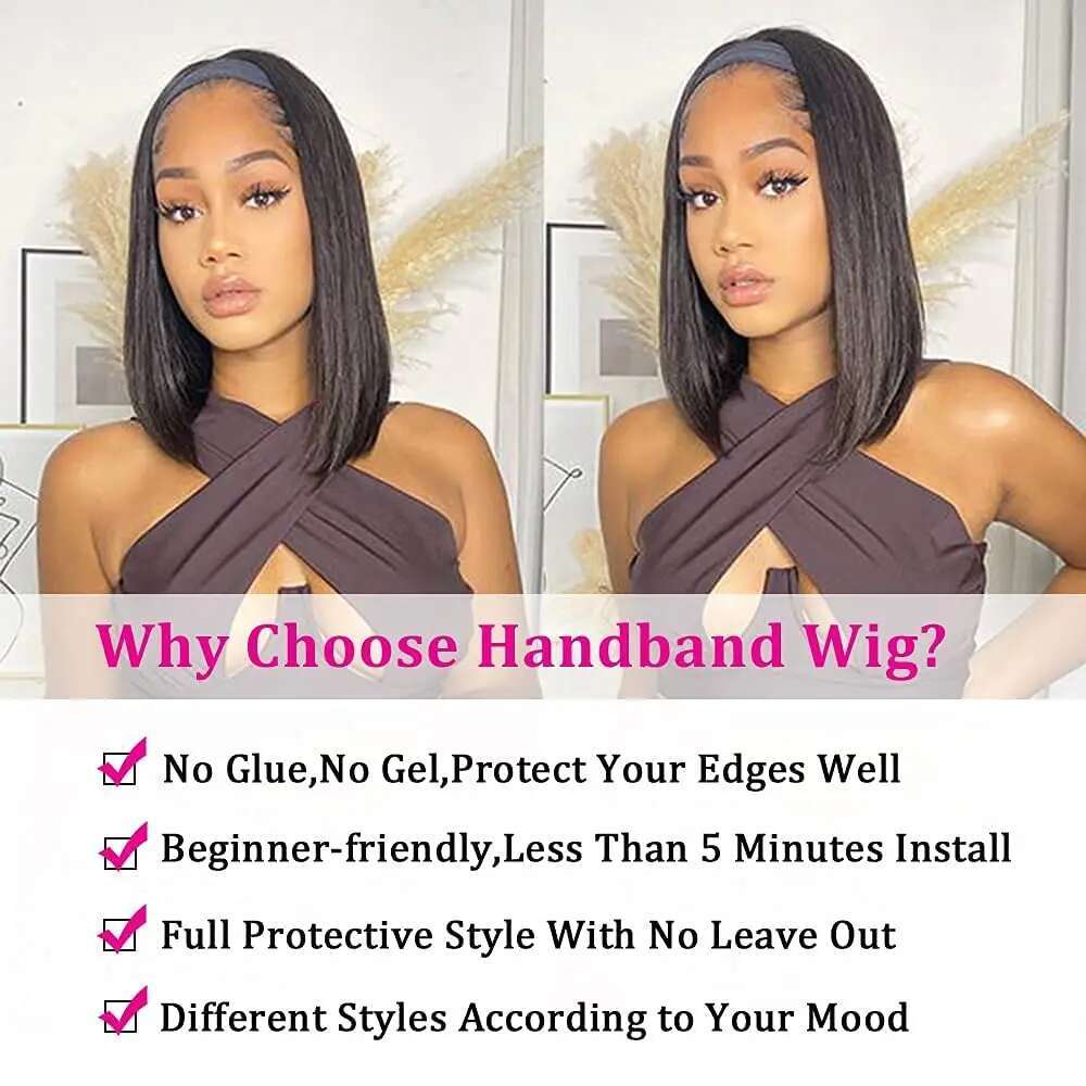 Synthetic Straight For Women Black Short Bob Headband Wig 12Inch Half Wigs Wear And Go