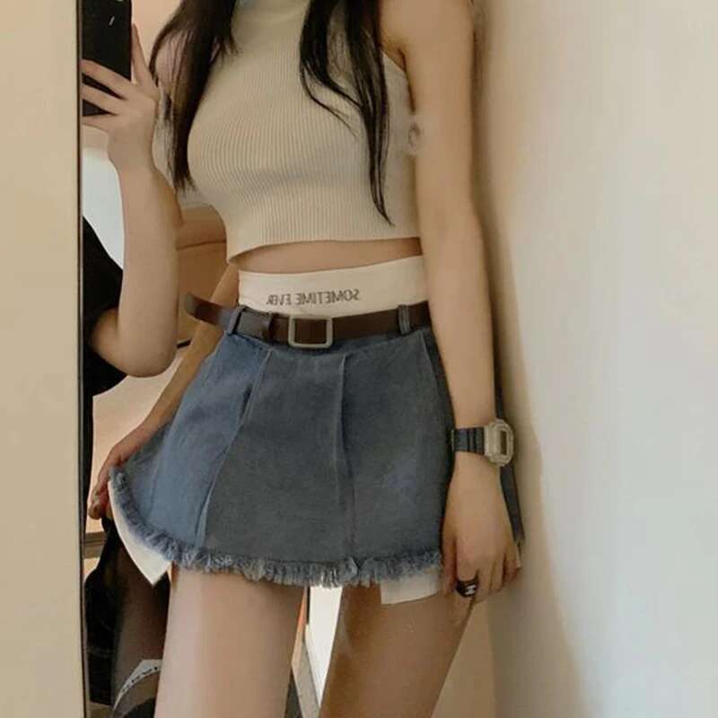 2025 New Women's High Waist Denim Summer Korean Fashion Patch Mini Street Dress Designer Women's Casual Tassel Jeans Skirt2