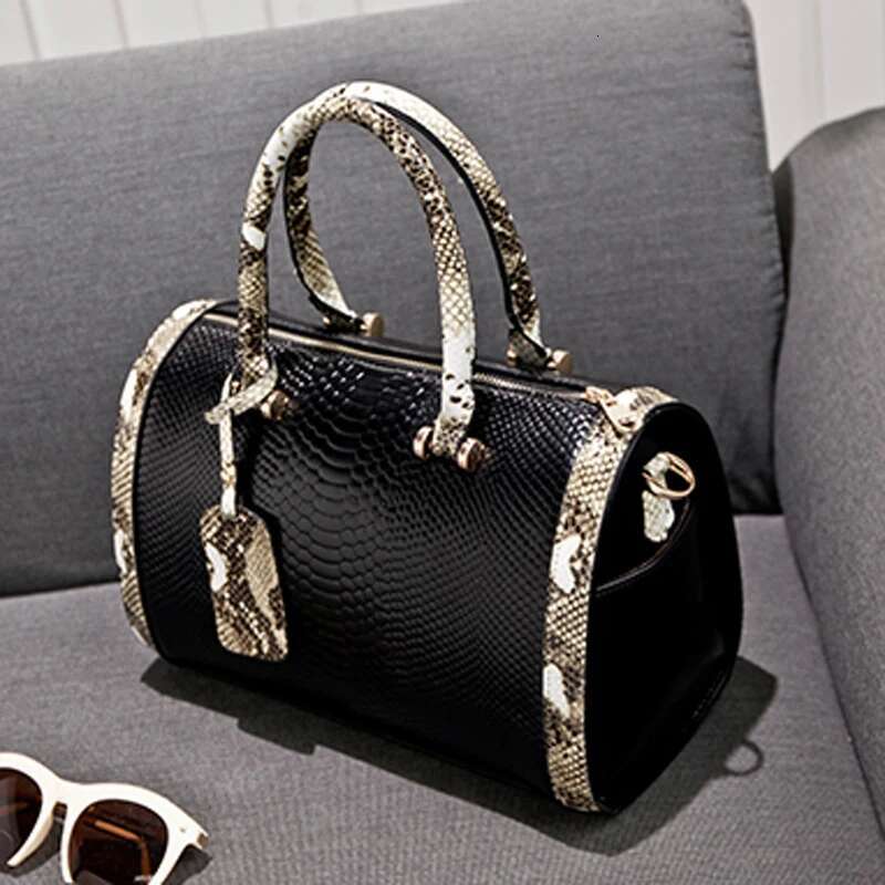 new style New Women's Fashionable Snake Pattern Boston Handbag, Large-Capacity Multi-Compartment Double Handle, Detachable Strap, Can Be Worn On 