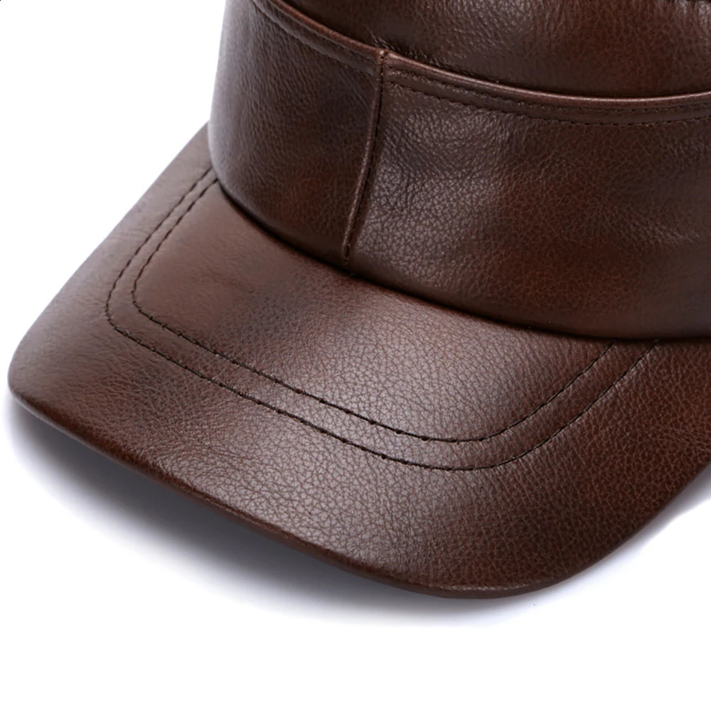 Cow Leather Flat Cap Earflap Cap Men Leather Hats Fall Winter men 100% Genuine Cowhide Leather Military Caps 250228