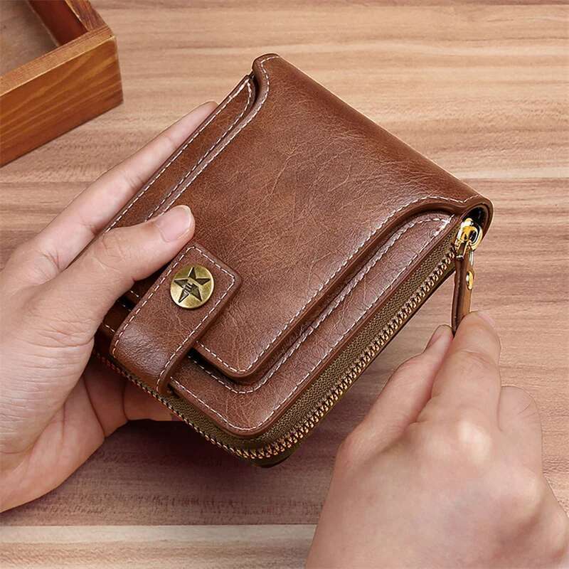 Retro Men's Short Strap Zipper Multi Slot Wallet Solid Color PU Leather High-quality And Durable Wallet Convenient For Men's Wear