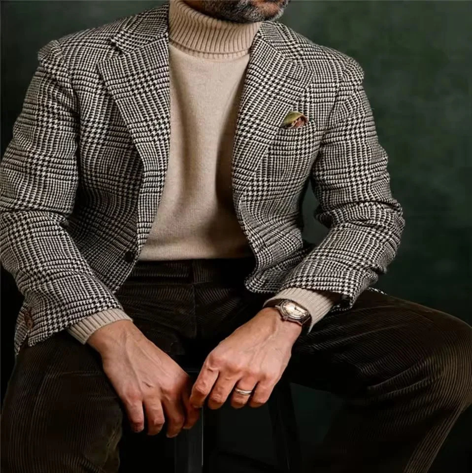 mens clothing Houndstooth Business Blazer for Men Plaid Notched Lapel Single Breasted Suit Jacket Formal Male Fashion Plaid Coat 250224