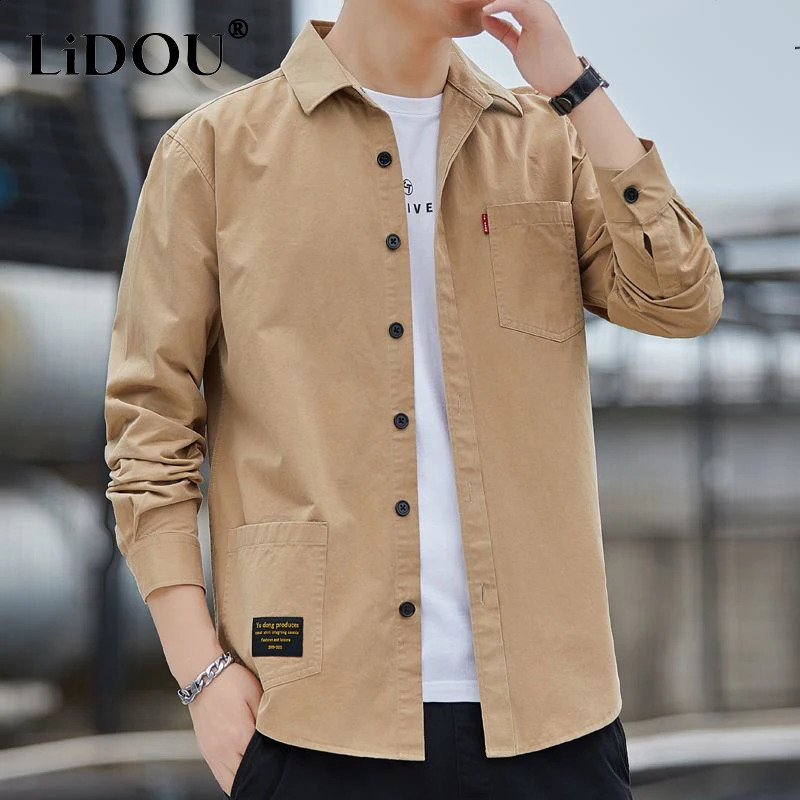 Spring Autumn Solid Color Casual Fashion Loose Shirt Man Long Sleeve Korean Style Blouse All Match Chic Streetwear Male Clothes 250225
