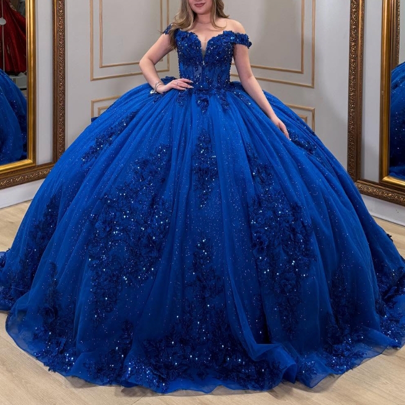 Royal Blue Shiny Quinceanera Dresses Ball Gown Off Shoulder Applique Lace Beads Tull Corset Sweet 16 Dress Vestidos 15 De Anos