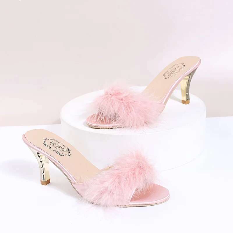 Summer 2025 New Style Fashionable Comfortable Elegant Casual Versatile Furry Sandals and Sexy High-heeled Slippers