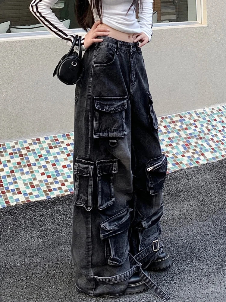 Garbage Y2K Street Laundry Black Luggage Cargo Jeans Womens Clothing Wide Leg Multi Pocket Gothic Womens Handcart 250225