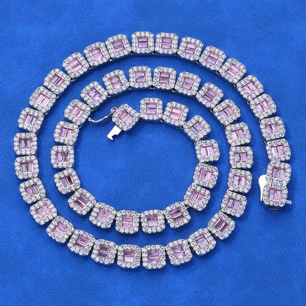 HHIOK Baby Pink CZ Tennis Choker Square Round AAAAA Zirconia Bg Necklace Bracelet Rapper Jewelry