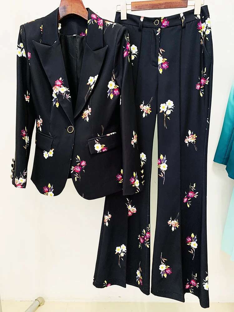 HIGH STREET Newest 2024 Designer Set Women's Elegant Ral Printed Single Button Blazer Flare Pants Suit 2Pcs