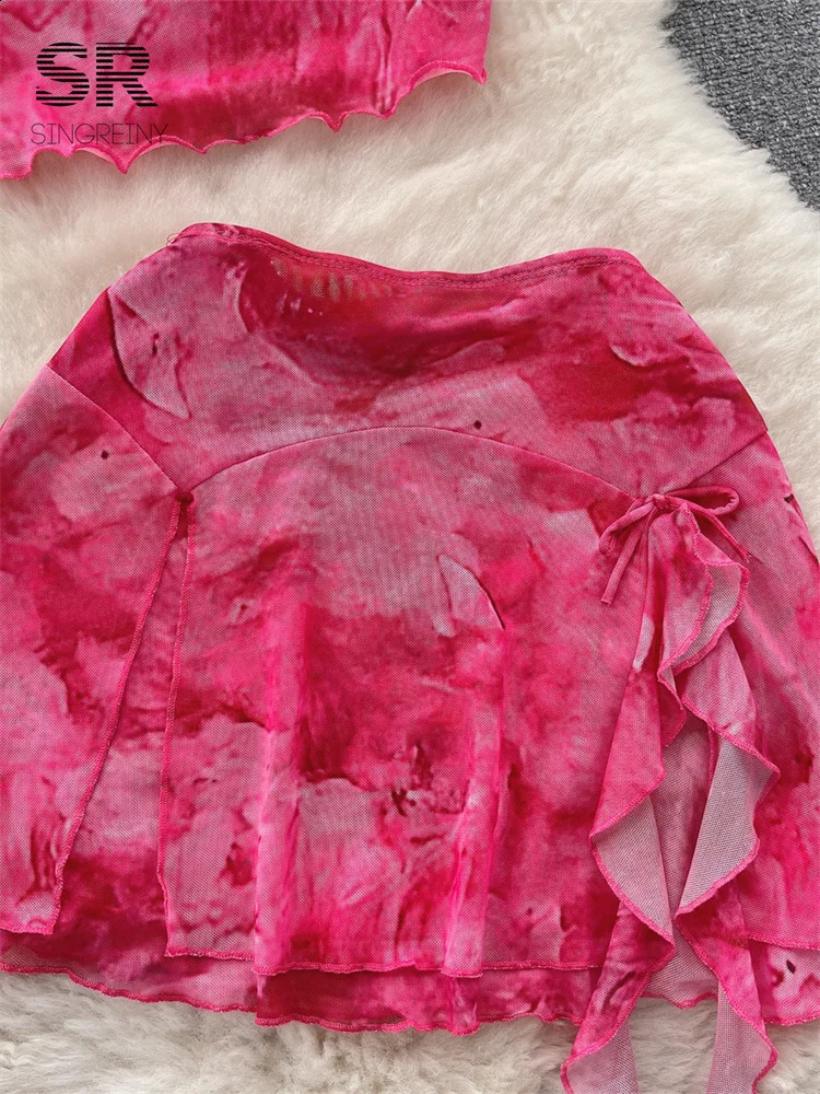 SINGREINY Fashion Sexy Two Piece Set Women Strap Camisole Ruffles Elastic Waist Mini Skirt Vacation Summer Slim Pink Suit 250228