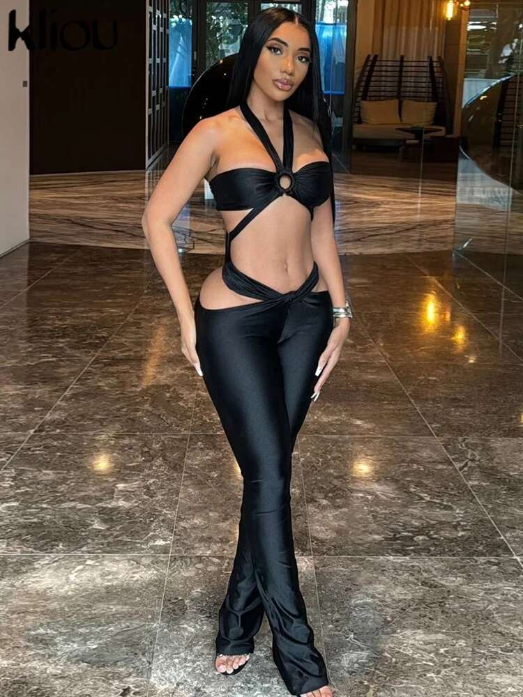 Kliou Sexy Stunning Women 2 Piece Coquette Solid Hollow Halter Crop Tanks+Slash Waist Slim Pants Female Clubwear Midnight Sets