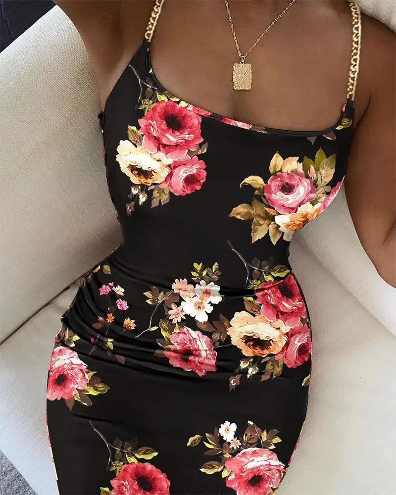 Summer Women Floral Print Dress Chain Decor Bodycon Elegant Spaghetti Strap Sexy Tight 250227Z