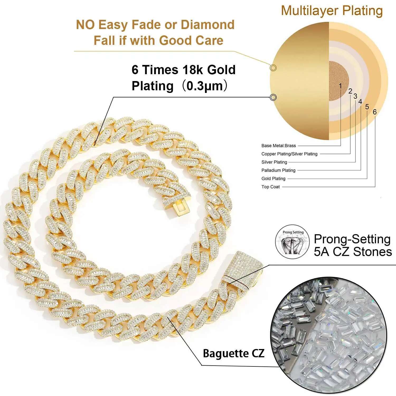 15mm Zircon Cuban k Chain Iced Out In hand-set Simulated Dia Stones Bg Miami CZ Necklace Gift for Her/Him