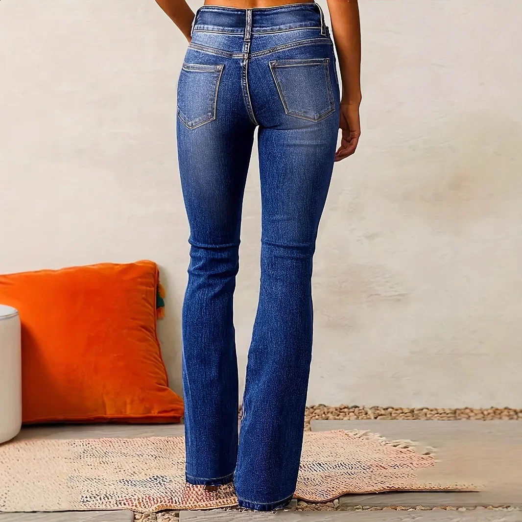 Jeans Flare Pants Womens Denim Long Pants Bodycon Casual Y2k Elegant Vintage Button Pocket Straight Trousers Zipper Streetwear 250225