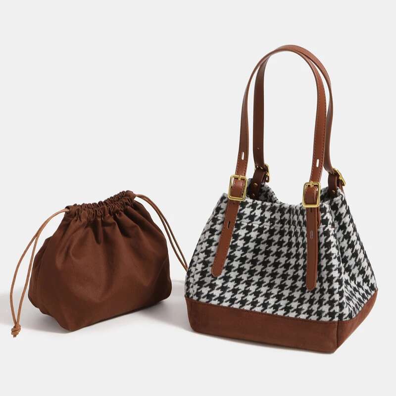 England Style Houndstooth Tote Bag For Women Designer Handbags Purses New In Woolen With Inner Pocket Cloth Shoulder