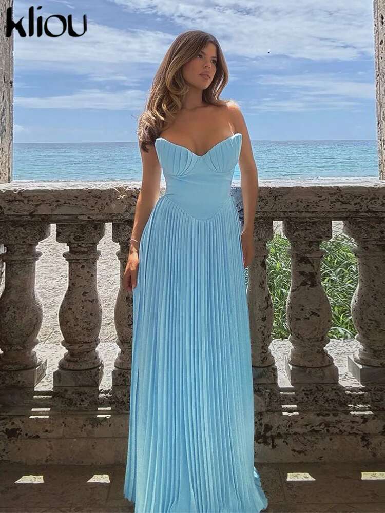 Kliou Pleated Women Maxi Dress Elegant High Street Solid Classic Wrap Chest Zip-Up Body-Shaping Robe Mujer Trend Party Vestidos