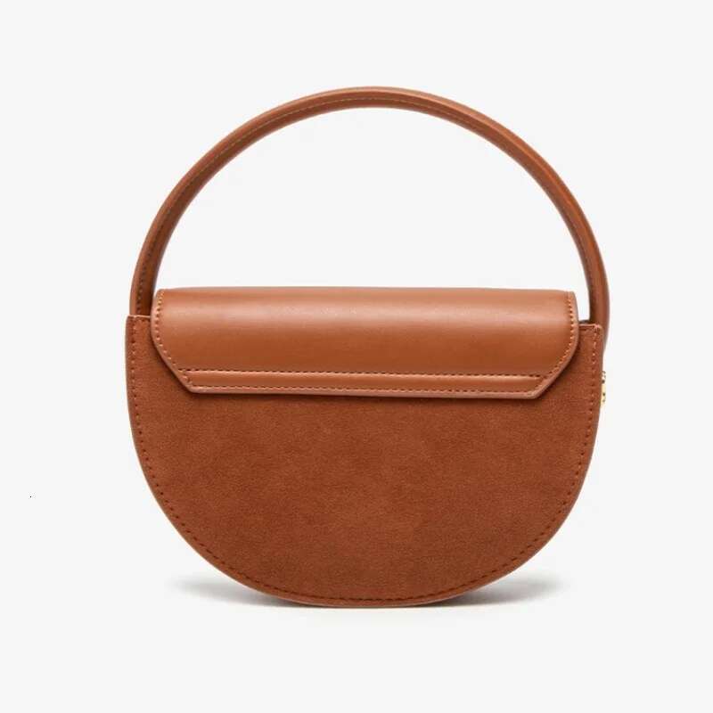 Design Genuine Leather Splice Scrub Faux Suede Round Handle Handbag Women's Half Moon Shoulder Crossbody Bag