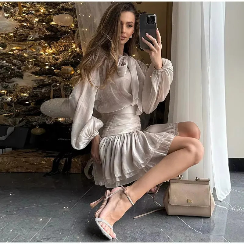 Elegant Lace Up Bow Puff Long Sleeve Mini Dresses Sexy Slim Solid Pleated Skirt Fashion Women 2025 High Street Vestdios 250227Z