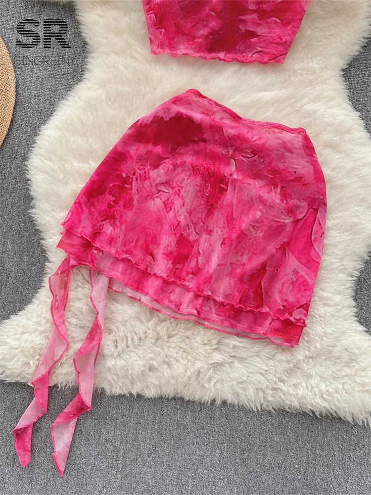 SINGREINY Fashion Sexy Two Piece Set Women Strap Camisole Ruffles Elastic Waist Mini Skirt Vacation Summer Slim Pink Suit 250228