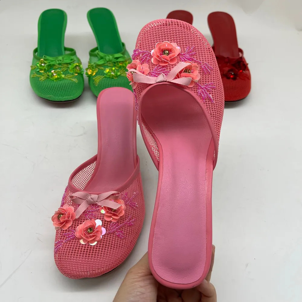 Summer Spring Womens Slippers Mesh Flower High Heels Sexy Ladies Non Slip Round Toe Wedding Sandals 250228