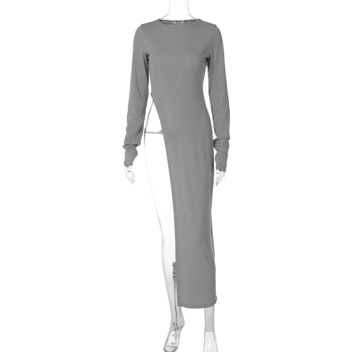 New4 Winter New Women's Fashion Personalized High Slit Round Neck Long Sleeve Sexy Slimming Solid Color Top