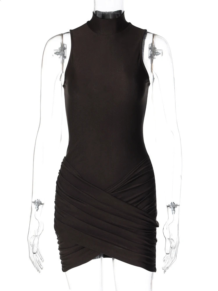 Hugcitar Turtleneck Sleeveless Solid Zip Up Draped Sexy Bodycon Mini Dress Summer Women Fashion Outfits Birthday Party Festival 250227Z