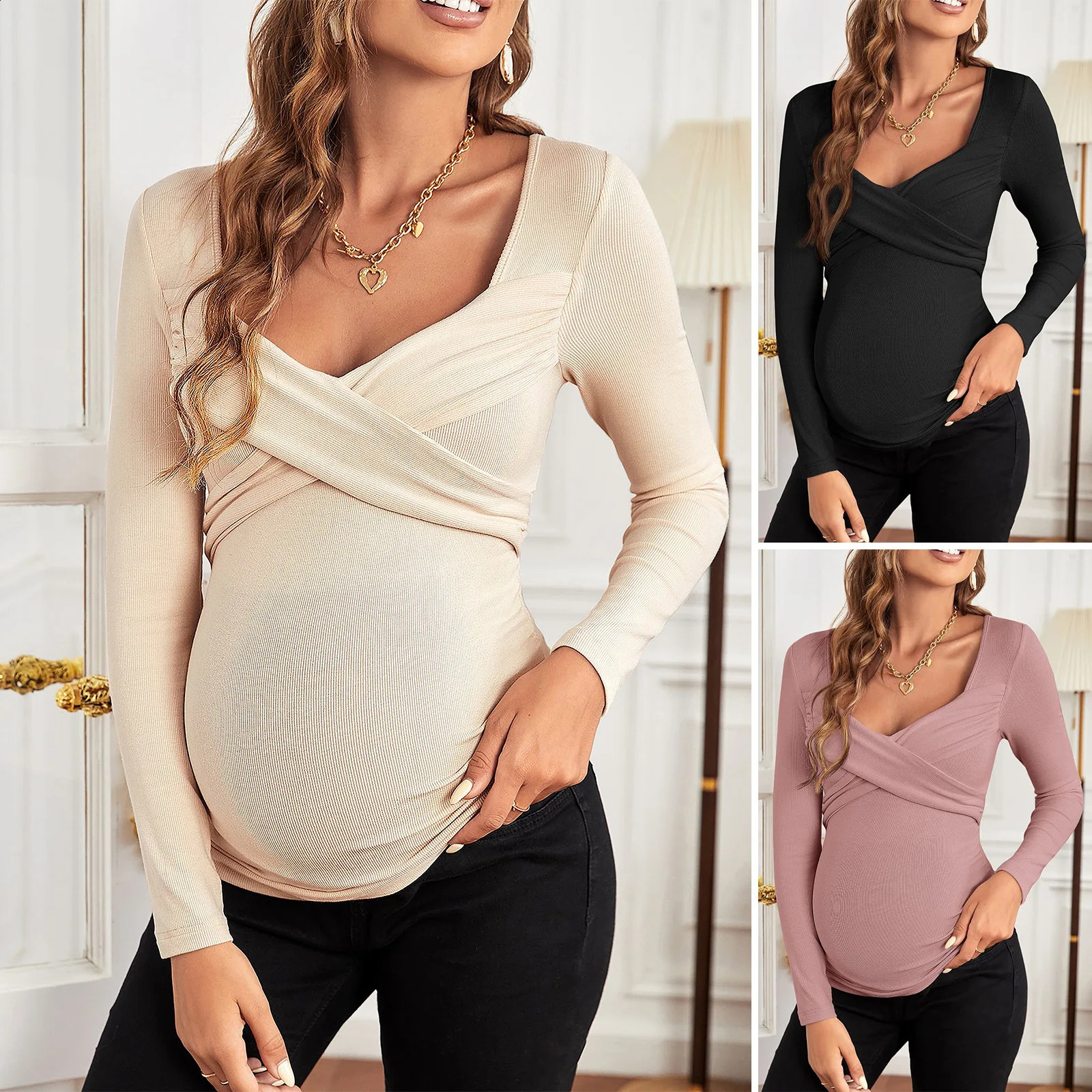 Maternity Clothes Long Sleeve Nursing T-Shirt Pullover Top Casual Female Women V-Neck Blouse Shirt Pregnancy Clothing Plus Size 250228