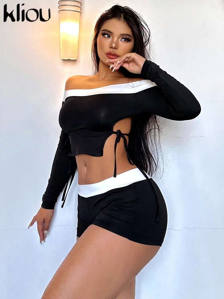 Kliou Casual Bandage Two Piece Set Women Fashion Slash Neck Side Split Tops + Patchwork High Waist Shorts Female Simple Clothing