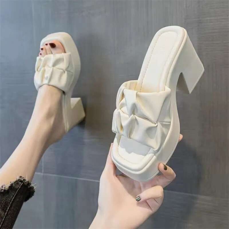 Casual Summer High-heeled Women Fish Mouth Ladies Shoes on Sale 2025 Fashion New Square Toe Anti-wrinkle Women's Slippers 's