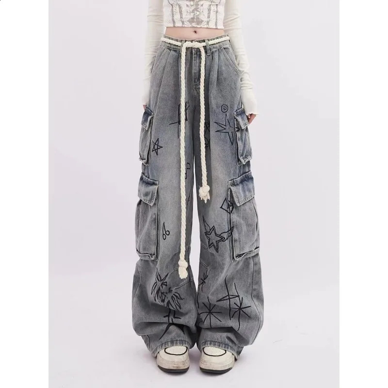 European and American Street Fun Graffiti Multi Pocket Work Jeans Women Spring High Waist Loose Wide Leg Floor Dragging Pants 250224