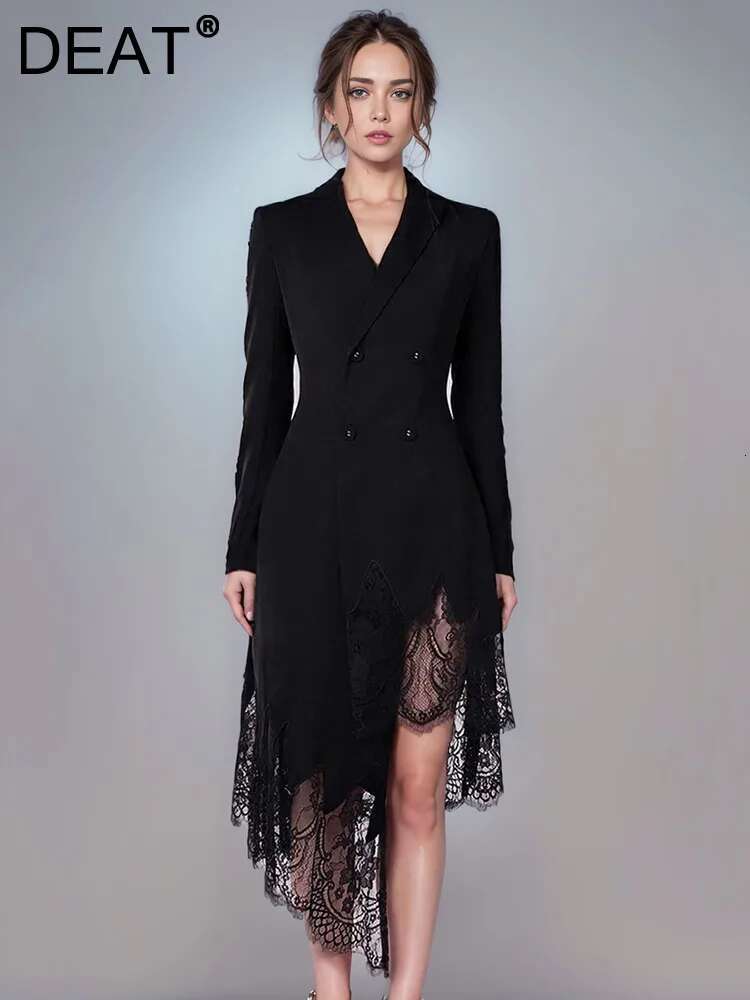 DEAT Fashion Women's Dress Notched Doube Breasted Irregular Hem Lace Spliced Slim Suit Jackets Summer 2024 New Tide 7Ab4231