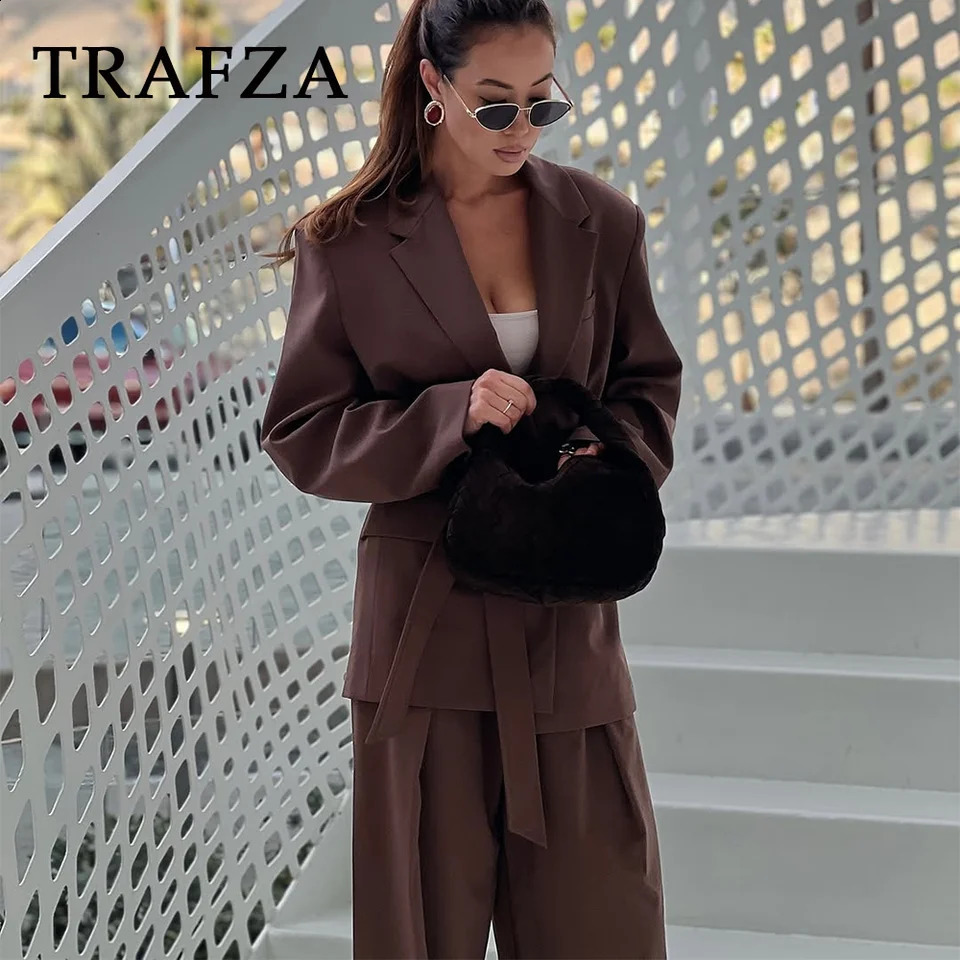 TRAFZA 2025 Spring Summer Office Lady Elegant Solid Women Suit Fashion Casual Sashes Straight Shrug Blazer Chic Zipper Long Pants 250225