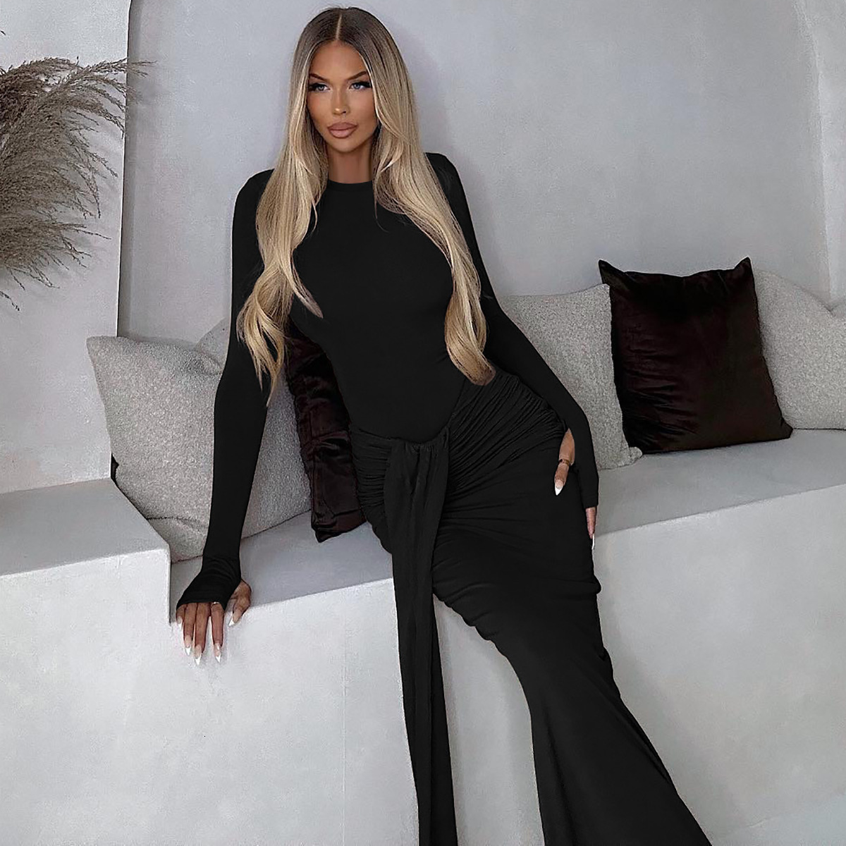 Fashionable Personalized Mid Waist Lace Up Slimming Long Sleeved Dress For Women's Fashion New4 Autumn And Winter New Products