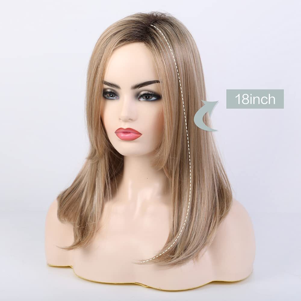BLONDE UNICORN Women's Golden Shoulder Straight Wig, Fiber&Remy Real Hair Mixed Natural Daily Use 45.72 cm