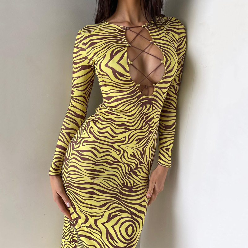 Women's New4 New Winter Fashion Print Chest Hollow Long Sleeve Slim Fit Dress For Women