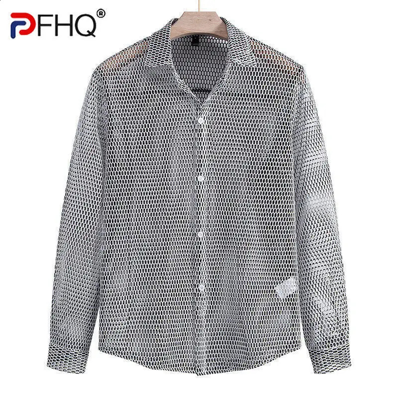 PFHQ Mens Hollowed Out Long Sleeved Shirt Nightclub Single Breast Long Sleeve Casual Male Tops 21E1635 250224