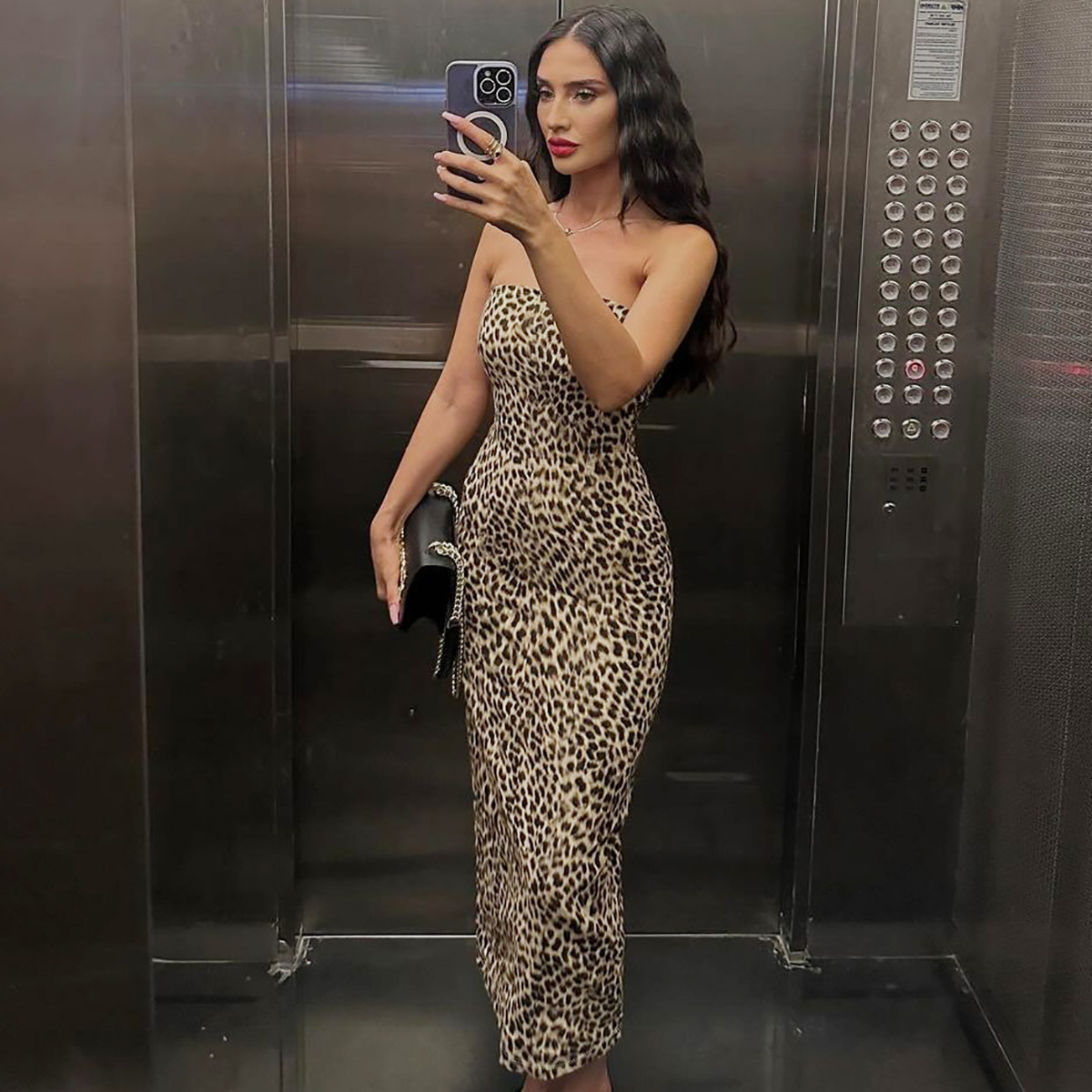 Hot Selling Women's Clothing New4 Autumn And Winter New Product Fashionable Printed Sexy Slit Leopard Print Strapless Dress For Women