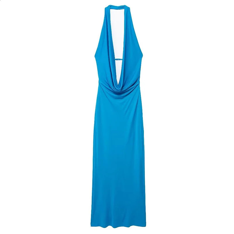 Willshela Women Fashion Solid Pleated Backless Lace Up Midi Dress Vintage Halter V-Neck Female Chic Lady Dresses 250226