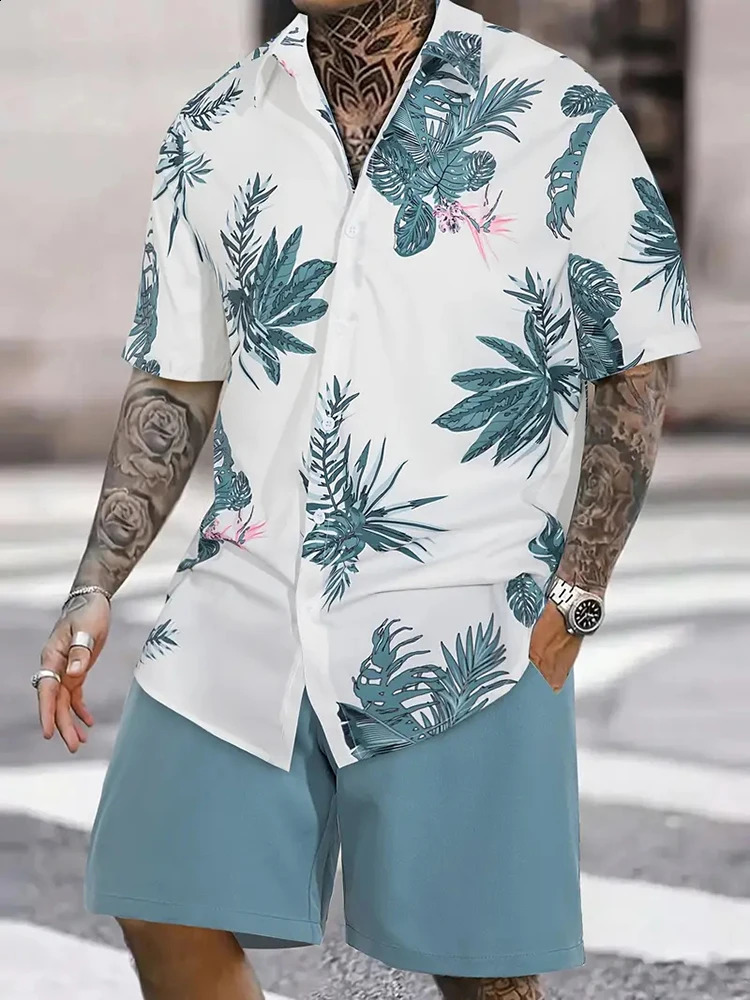 Hawaiian Mens Short-sleeved Shirt And Beach Shorts Set Summer Casual Mens Shirt Beach Vacation Loose Breathable Mens Shorts 250225