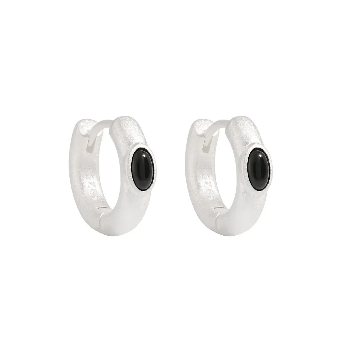 925 Sterling Silver Hoop Earrings with Chic and Simple Featuring Beautiful and Unique Black Agate Stones 250228