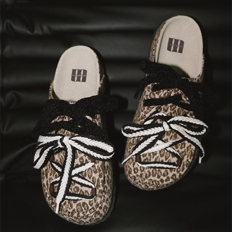 2025 New Women's Anti slip Ballet Half Slippers Leopard Pattern French Retro Slippers Women's Summer Outerwear Platform Sandals