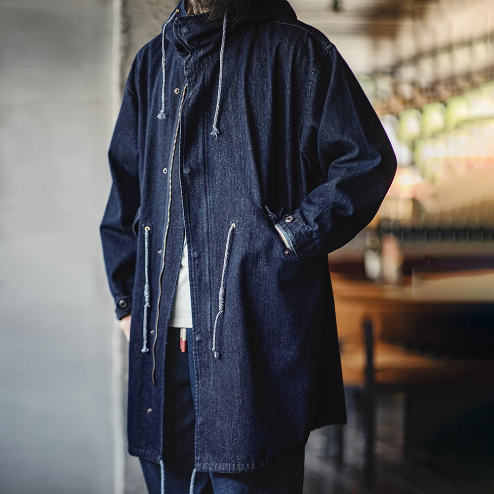 Maden retro 102oz M51 denim jacket loose medium long solid color hooded fishtail windproof mens autumn top 250225