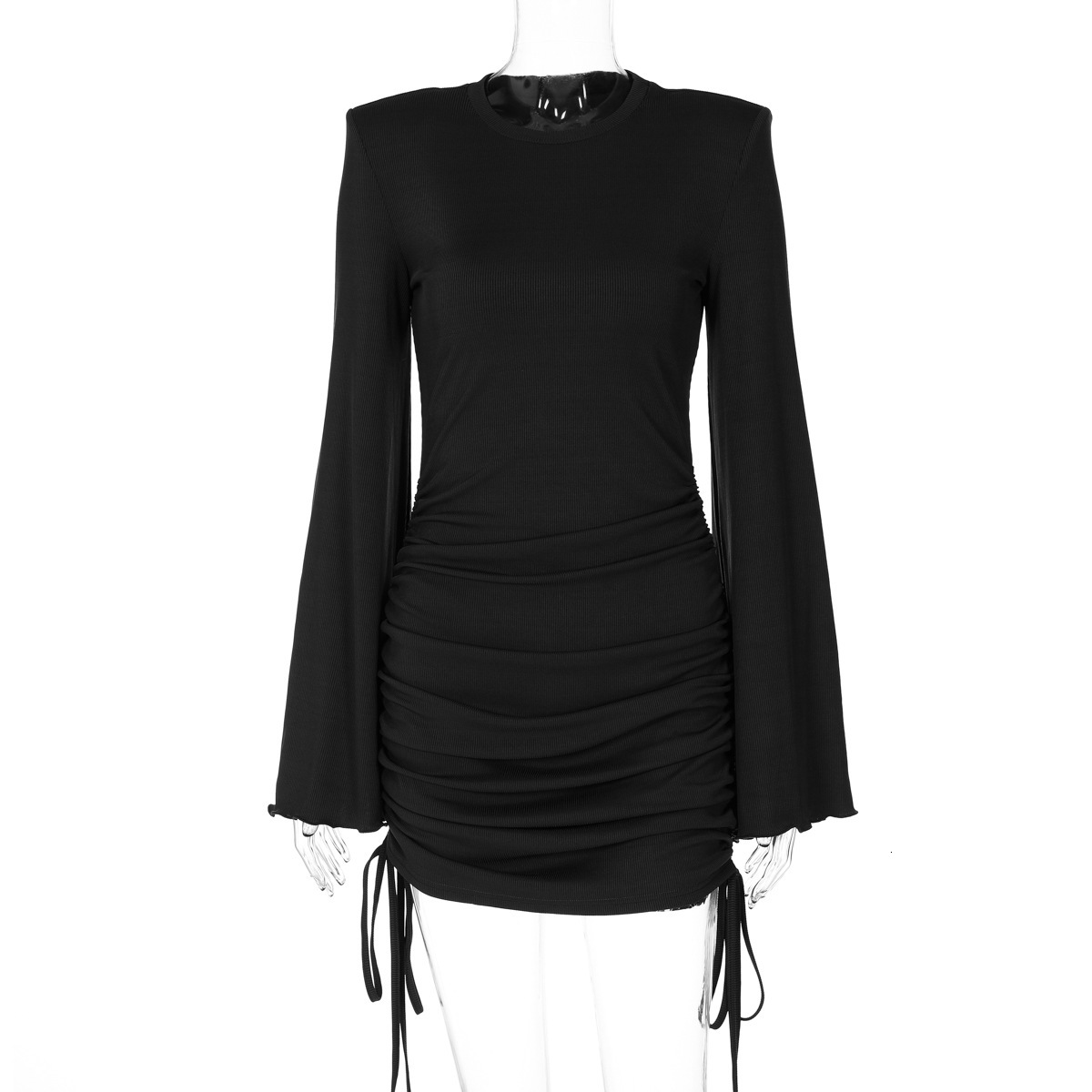 Hot Selling New4 Autumn New Fashionable Spicy Girl Flared Sleeve Round Neck Drawstring Short Hip Hugging Dress