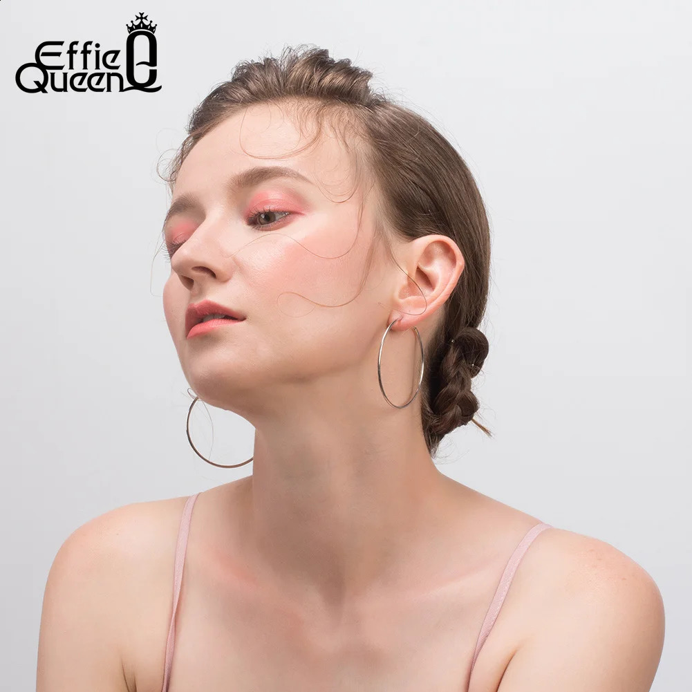 Effie Queens simple pure silver large hoop earrings with different sizes of 30mm 40mm 50mm. Minimum style earring accessories 250228